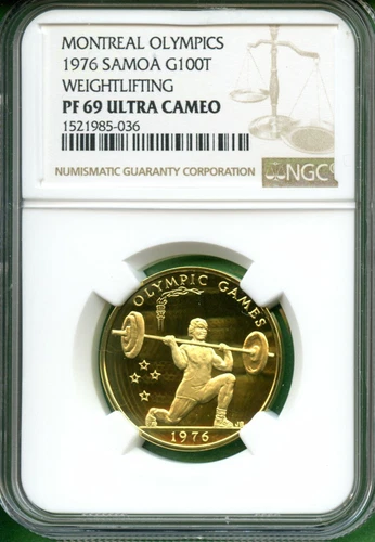SAMOA 1976  GOLD  100T   NGC PF 69 ULTRA CAMEO  WEIGHTLIFTING  OLYMPICS  0.4583