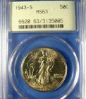1943 S WALKING LIBERTY HALF DOLLAR, PCGS MS63, GEN 2.1 OGH, LUSTROUS WHITE COIN!