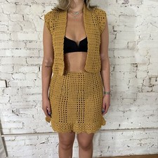 Vintage Crochet Skirt And Vest Set Mustard Camel Handmade 70 s Boho