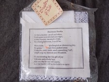 White Handkerchief Baby Bonnet Lace, Satin Ribbon, pearl trim - 26 count fabric