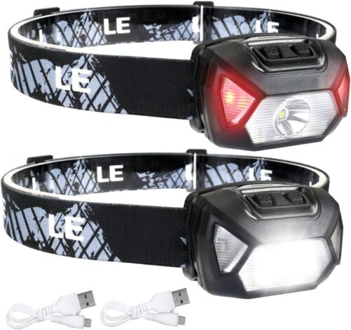 2 USB Rechargeable Headlamp Water Resistant Super Bright LED Head Torches 2 Pack - Afbeelding 1 van 14