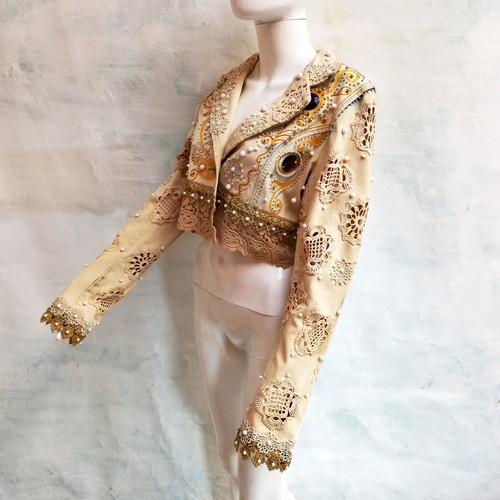 bolero denim casual fashion brand italian woman jacket beads lace original beige - Picture 7 of 24