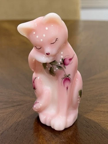 Fenton Grooming Cat Rosalene Pink Glass Hand Painted Floral Roses Figurine