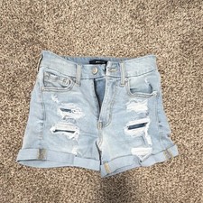 Aero High Rise Curvy Midi-3 Distressed Light Blue Denim Cut Off Shorts Size 0