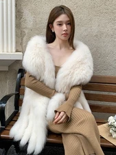 Women's Real Fox Fur Scarf Collar Scarves Dinner Party Long Tassels Shawl Stole