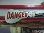 VINTAGE DANGER POINTING HAND ARM PORCELAIN METAL SIGN AUTO PARTS GAS OIL MOTOR