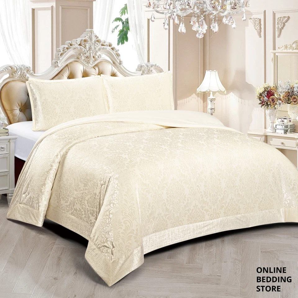 Quilted Bedspread Jacquard Damask Comforter Bedding Set Double King Bed Throw UK - Image 4 of 4