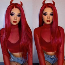 Red Synthetic Lace Front Wigs Long Silky Straight Hair Pre Plucked Glueless Wig