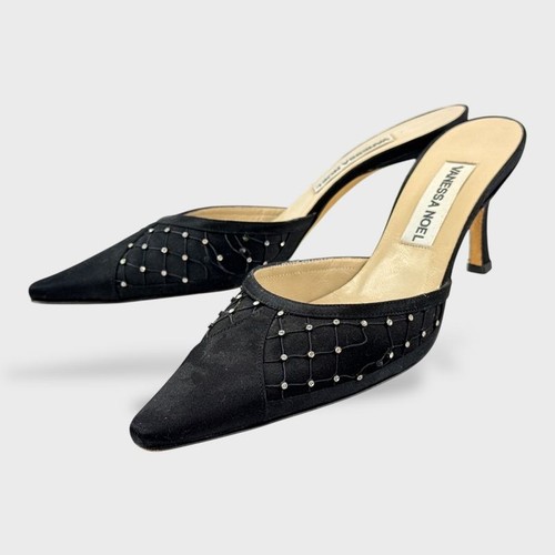 Vanessa Noel Black Pointed Toe Crystals Silk Kitten Heel Mules EU 35.5 US 5.5