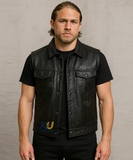 Men's SOA Black Genuine Premium Leather Anarchy Vest Motorcycle Biker Collared