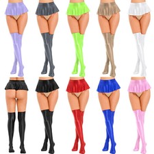 Women's Glossy Low Waist Solid Color Mini Club Skirt with Thigh-High Stockings