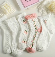Floral Embroidered Crew Socks Lt. Wt.  5 Pair. Cotton blend Unisex  OS.