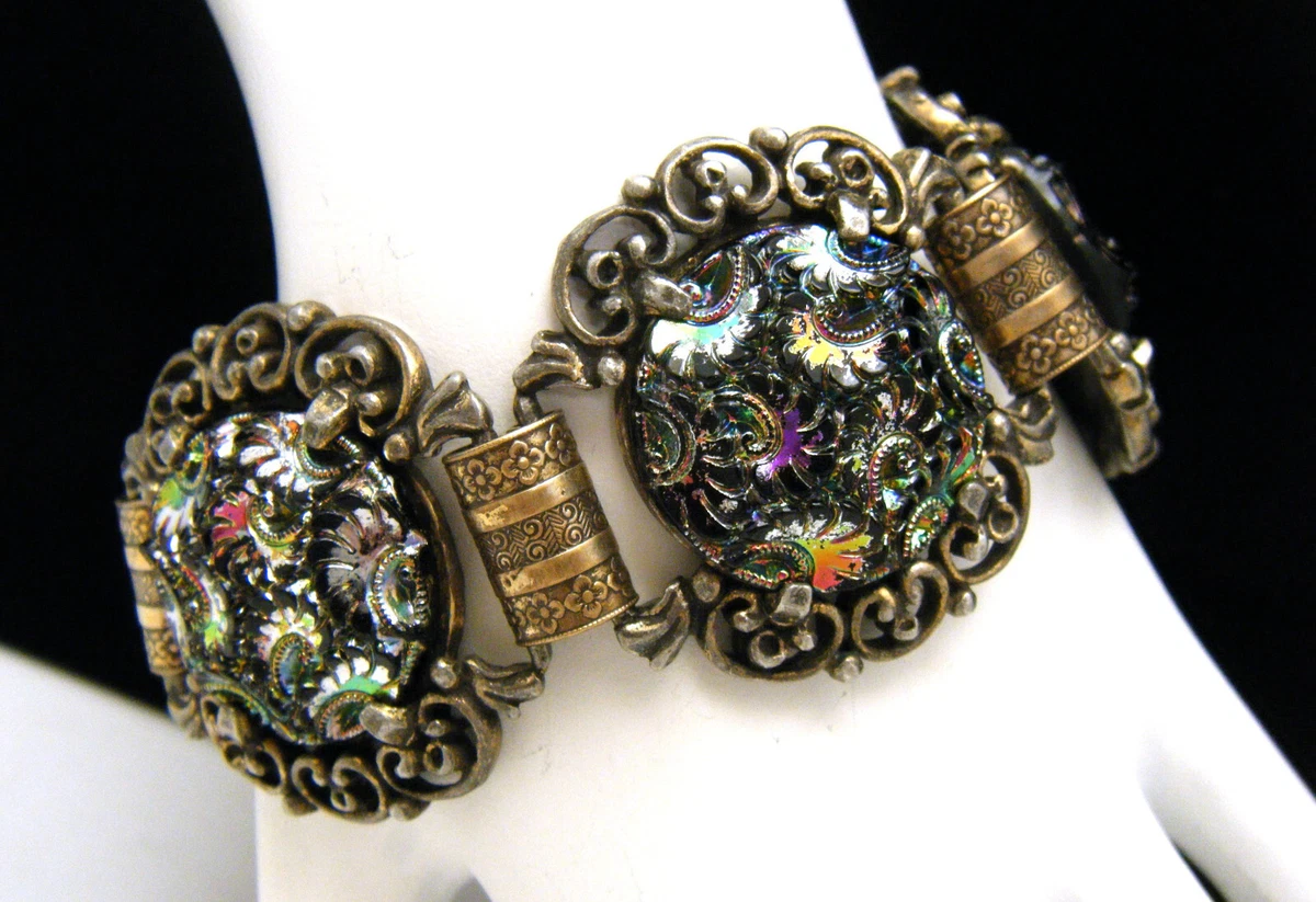 Vintage Signed Judy Lee Iridescent Carnival Glass Gold Tone