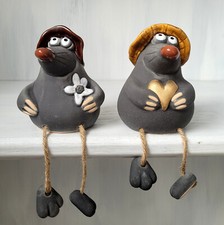 Gilde Keramik Kantensitzer Maulwurf "Buddy" Grau Braun Weiß Gold Blume Herz