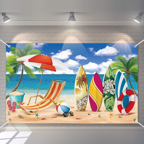 Hawaiian Party Backdrop Banner Summer Beach Themed Surfboard Party Decoration...