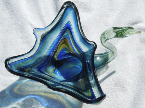 VTG  Murano? Sooner? Art Glass Swirled Blue/Green+ MCM Swan Bowl/Candy Dish 14"