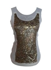 Top smanicato Dondup color ecru con applicazioni di pailettes dorate