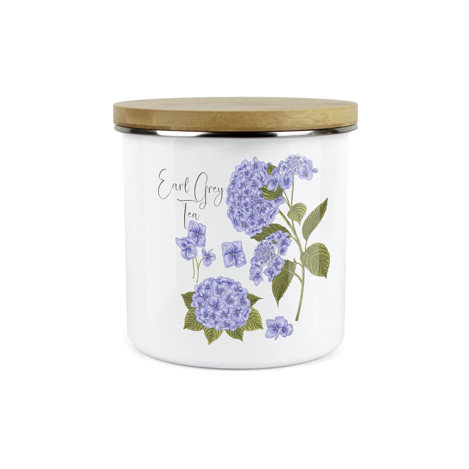 Hydrangea Floral Earl Grey Tea Canister - Enamel Kitchen Storage Container