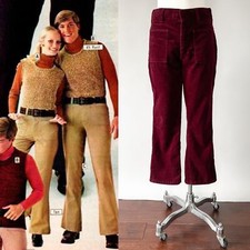 VTG 70s Burgundy Red Corduroy Cotton Velvet Mid Rise Bootcut Pants Flares M W31