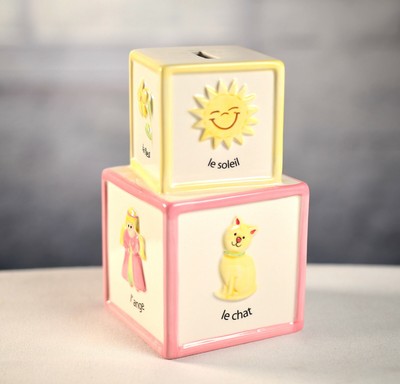 INSIGHTS Ceramic Baby Blocks French Cat Lamb Flower Bird Angel Piggy Coin Bank