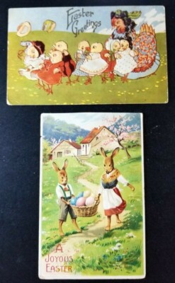TWO 1910 EASTER POSTCARDS Anthropomorphic Rabbits & Chicks EMBOSSED Germany 