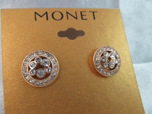 NWT MONET GOLD & CRYSTALS MEDIUM ROUND BUTTON DESIGN EARRINGS, Stunning - Picture 3 of 6