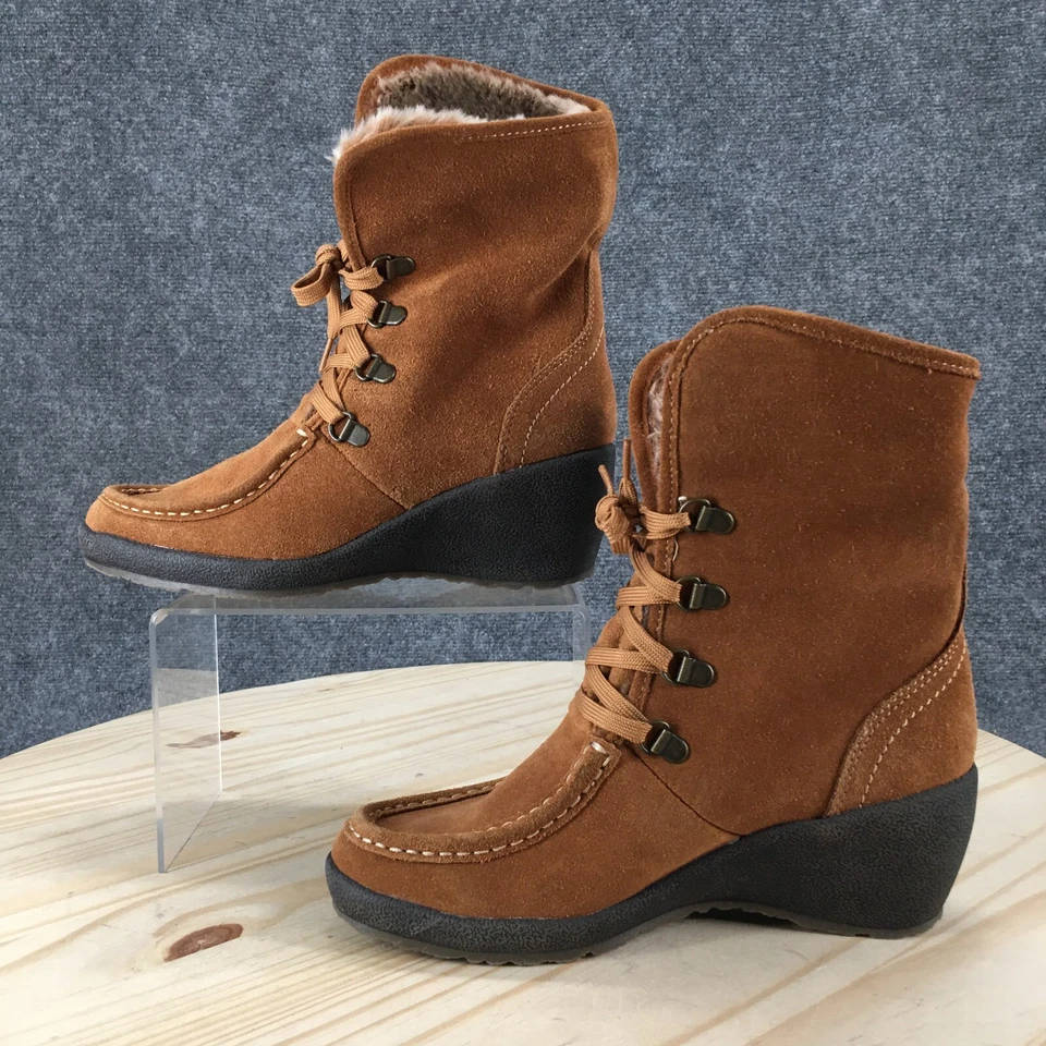 Botas Iso Isotoner Femininas 6 M Vanessa Ankle Bootie Couro Marrom com Cadarço Cunha - Imagem 2 de 4
