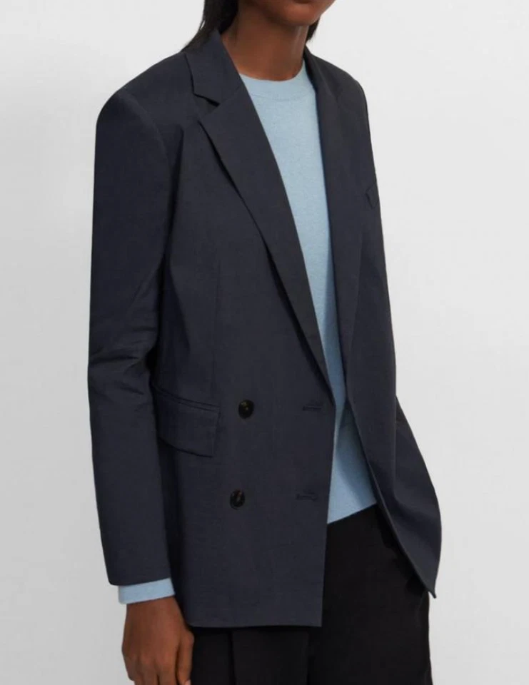 NWT THEORY Sz6 DOUBLE-BREASTED STRETCH LINEN BLAZER DEEP NAVY - Image 4 of 4