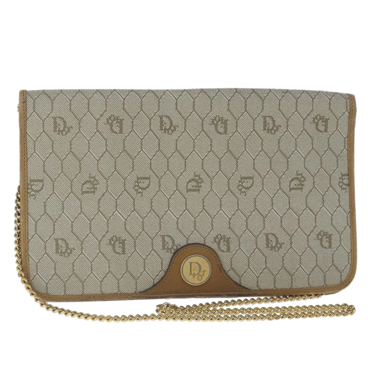 Christian Dior sac à bandoulière chaîne toile nid d'abeille PVC beige or authentique yk16112