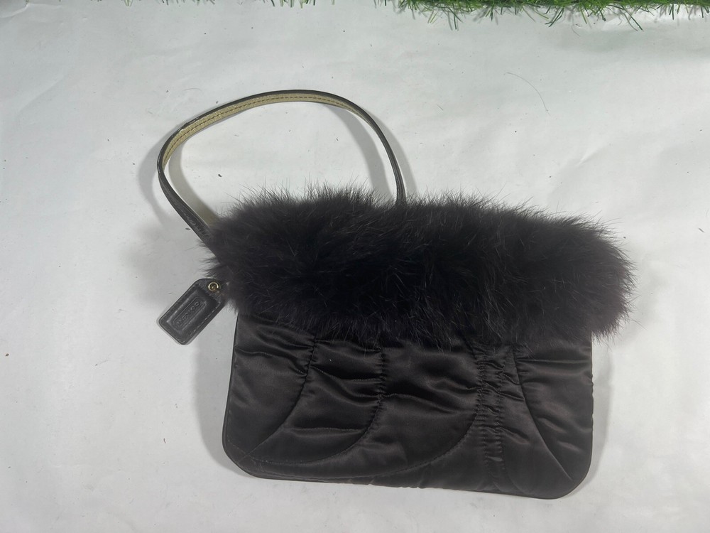 Coach Clutch/Wristlet Quilt Satin Black Fur Trim Brass Cute & Elegant Excellent