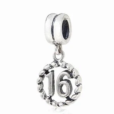 SWEET 16  BIRTHDAY STERLING SILVER PENDANT CHARM BEAD FITS EUROPEAN BRACELET