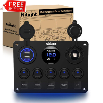 Nilight 90101E 5Gang Multi-Function 5 Gang Rocker Dual USB Charger + Digital Vol