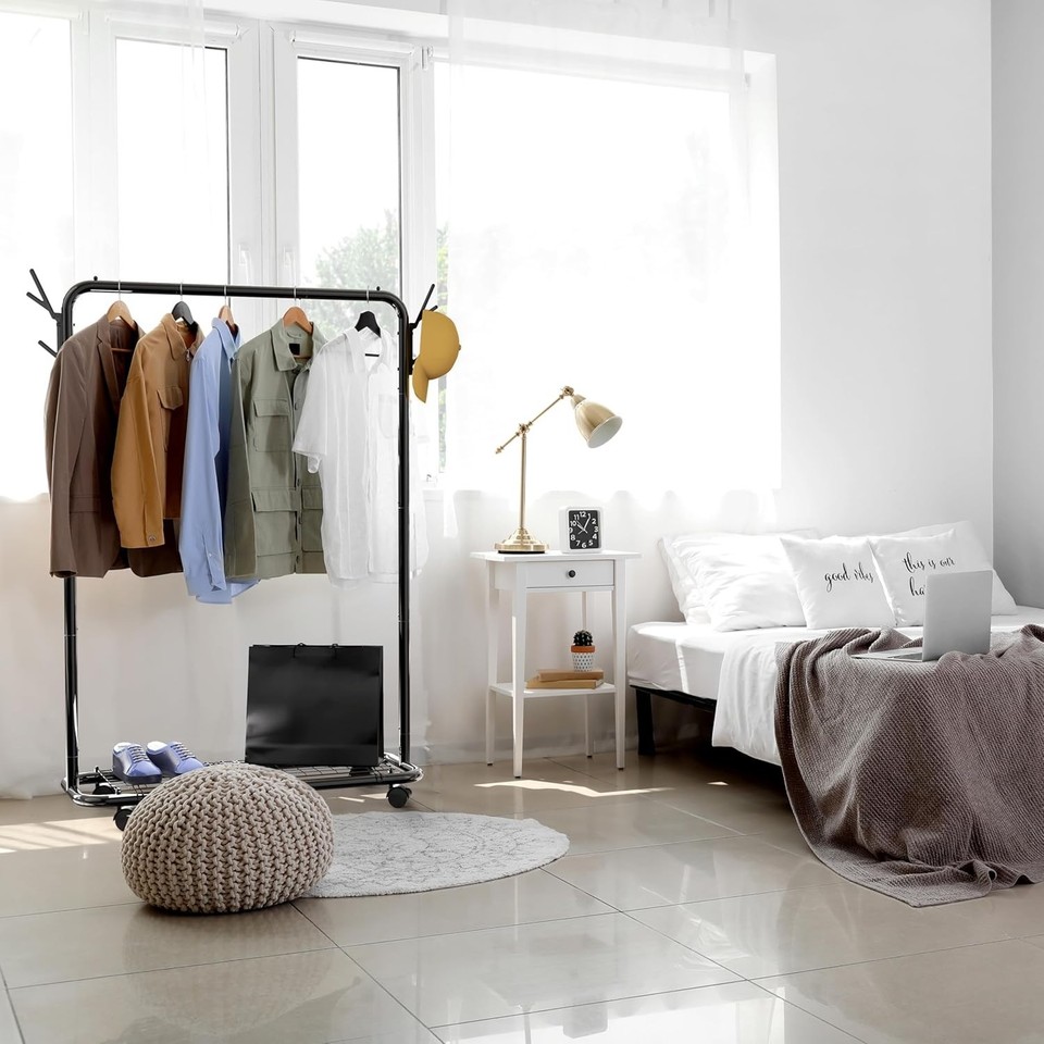 Durable Modern Black Clothes Rack with Wheels, Hooks & Wired Shelf ...