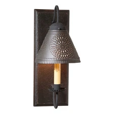WALL SCONCE WOOD WROUGHT IRON & PUNCHED TIN "CRESTWOOD" LIGHT Black Finish