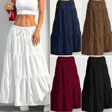 Damen Langer Baumwoll Maxi Rock Gypsy Boho Sommer Freizeit Swing Rüsche Mode