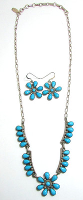 Vtg 2 pc Set RB RUNNING BEAR Sterling Silver Turquoise Flowers Necklace & ER's