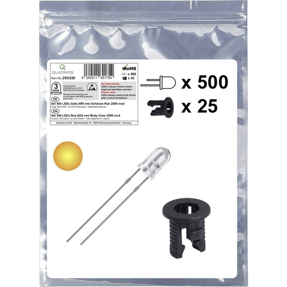 LEDs jaune rond 3 mm Quadrios 25O220 à haute luminosité 2500 mcd pour signalisation