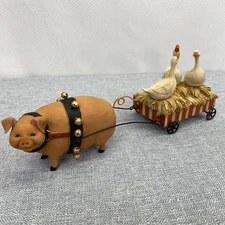 Whimsical Folk Art Blossom Bucket Pig Pulling Wagon of 3 Geese Farmhouse Figure
