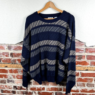 Vintage Basic Editions Sweater Sz 2XL Blue Brown Patterned Crewneck Pullover Y2K
