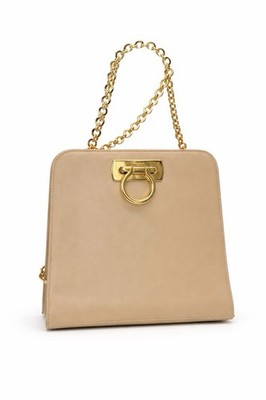 Salvatore Ferragamo Gancini Handbag Beige Leather Gold Chain Top Handle Italy