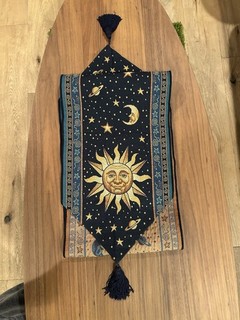Vintage 90s Celestial Tapestry Table Runner Sun Moon Star Design with Tassels