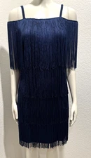Boston Proper Muse Flapper Tiered Fringe Dress Sz 4 Sleeveless Dk Blue Party
