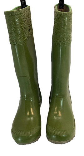 Bogs Woman’s Size 8 Floral Design Trim Rain Garden Fishing Green Long Boots - Picture 1 of 11