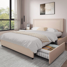 Upholstered Full Platform Bed Frame with 4 Storage Drawers & Rivet-Tufted Headbo