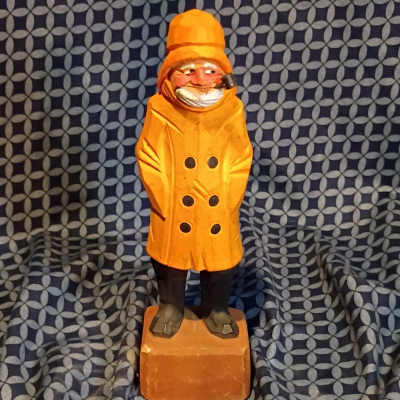 Hand Carved Painted Wood Fisherman Figurine Orange Coat Collectible Decor