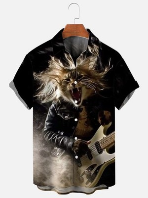 Mens Crazy Rock Cat Fashion Print Short Sleeve Shirt