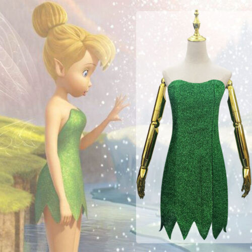 Tinker Bell Cosplay Costume Pixie Fairy Green Dress Halloween Dress Outfit - Picture 3 of 6