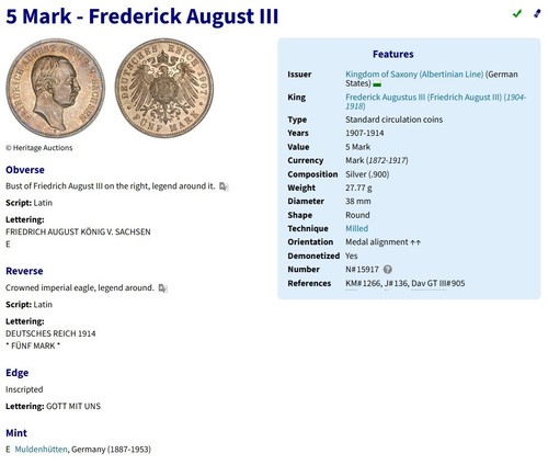 Saxony 5 Mark 1914 Friedrich August III. Genuine Silver 5 Mark -KM#1266-aUNC - Picture 10 of 10
