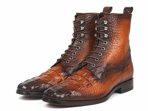 Paul Parkman Men's Brown Croco Embossed Leather Lace-Up Boots (ID#BT744-BRW) - Picture 6 of 6