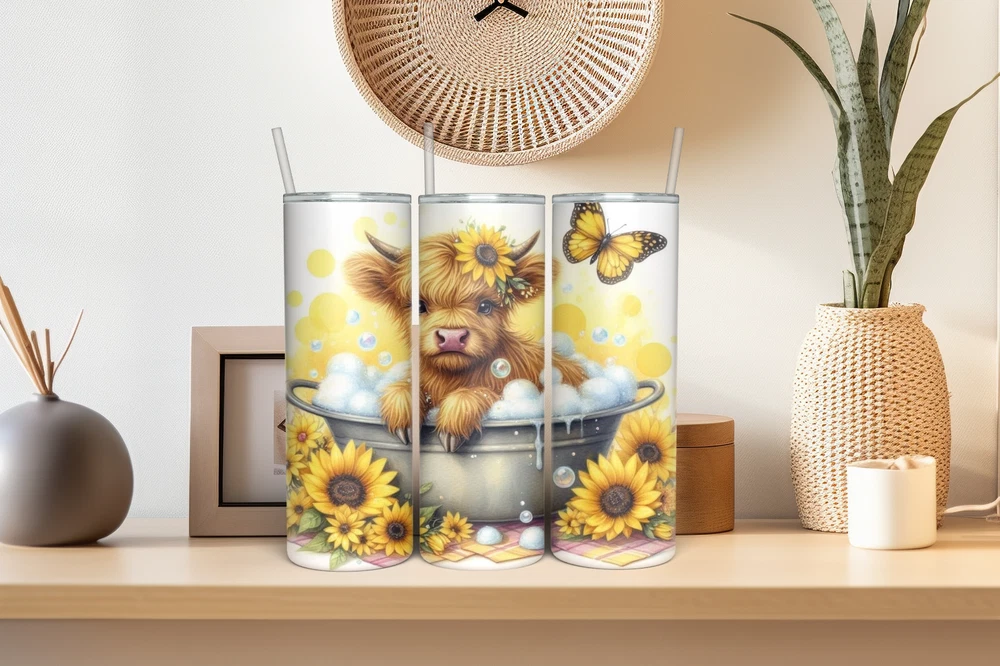 Tumbler Skinny 20oz  w/ Lid & Straw     HIGHLAND COWS !!